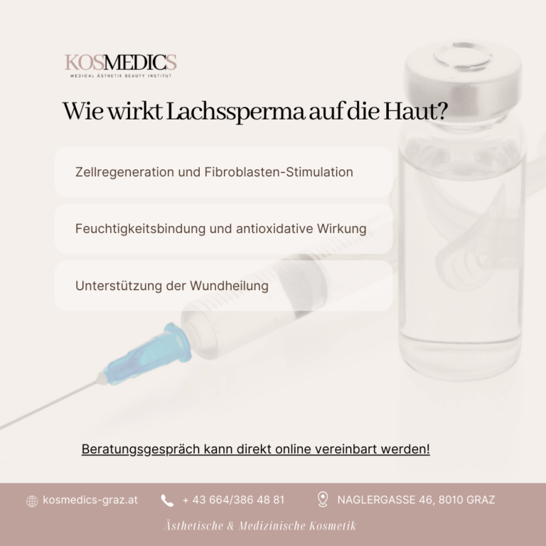 Lachssperma Hautverjüngerung - Bild mit Frau und Text: Wie wirkt Lachssperma?